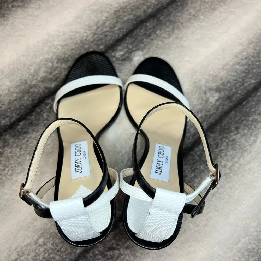 Jimmy Choo Minny 85 mm Lizard Mini Printed Leather Black White Mix Sandal Heels - Picture 5 of 12